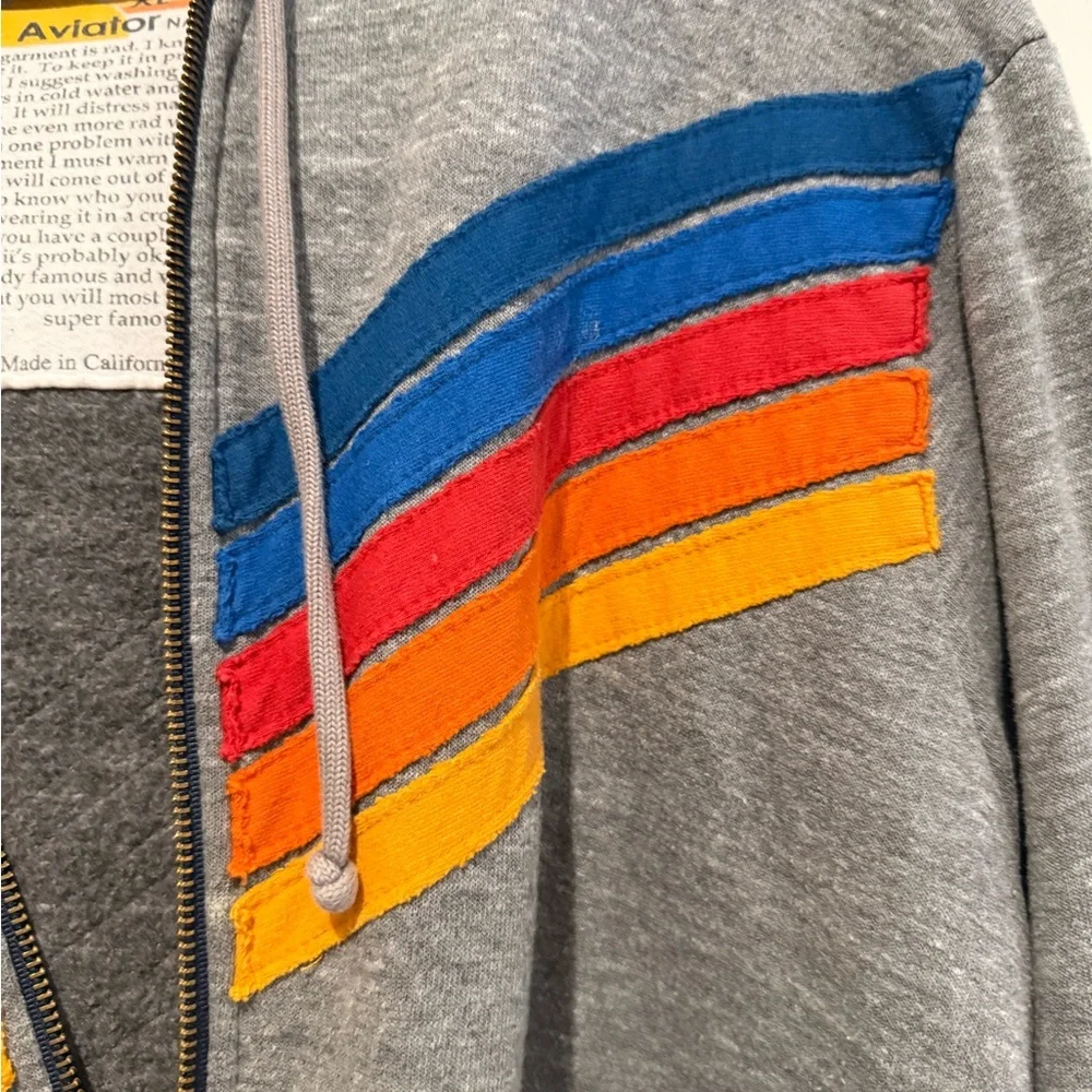 Aviator Nation Gray Zip-Up Sweater with Blue, Red, and Orange Stripe - Picture 3 of 4